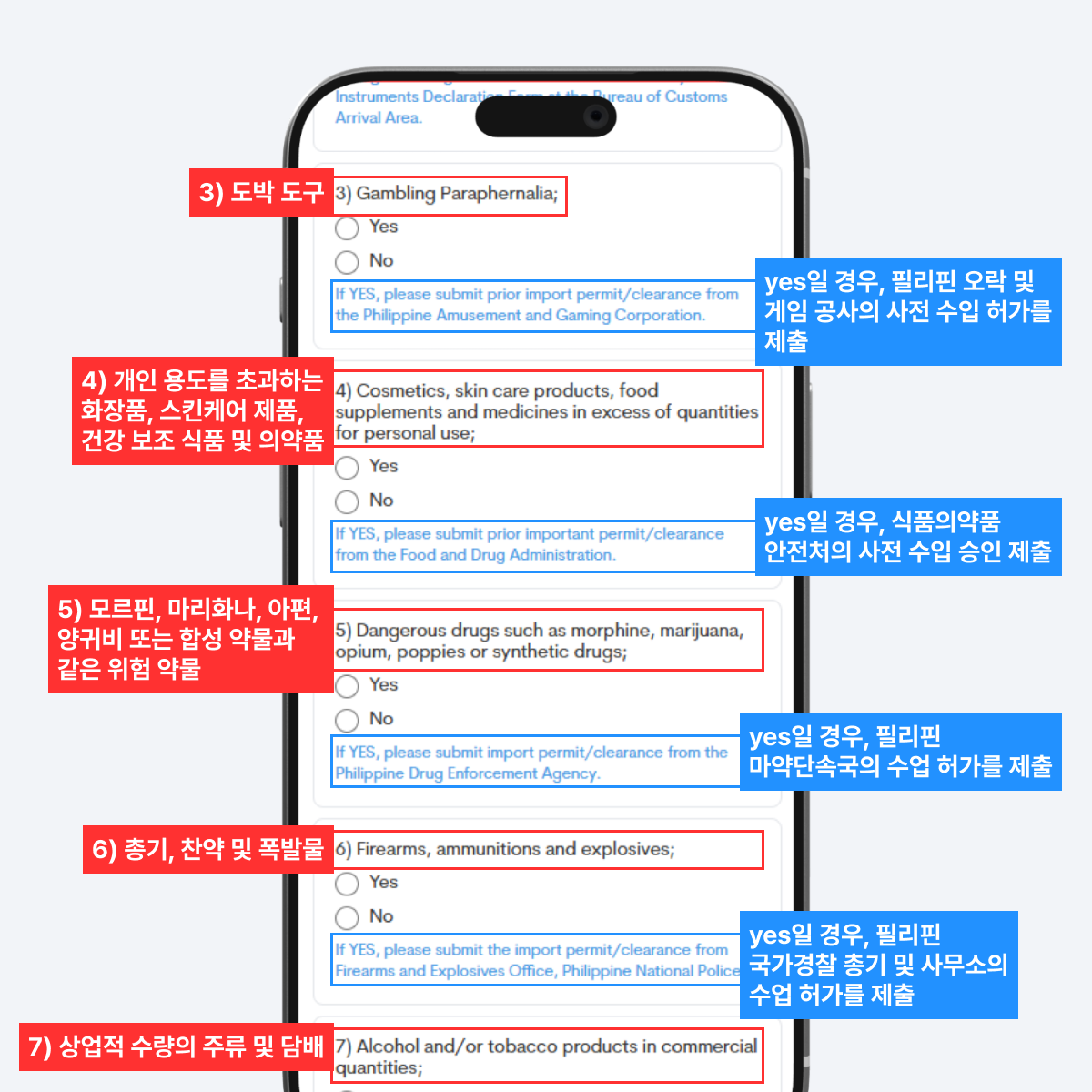세관 신고 대상 품목 선택 화면 첫 번째
